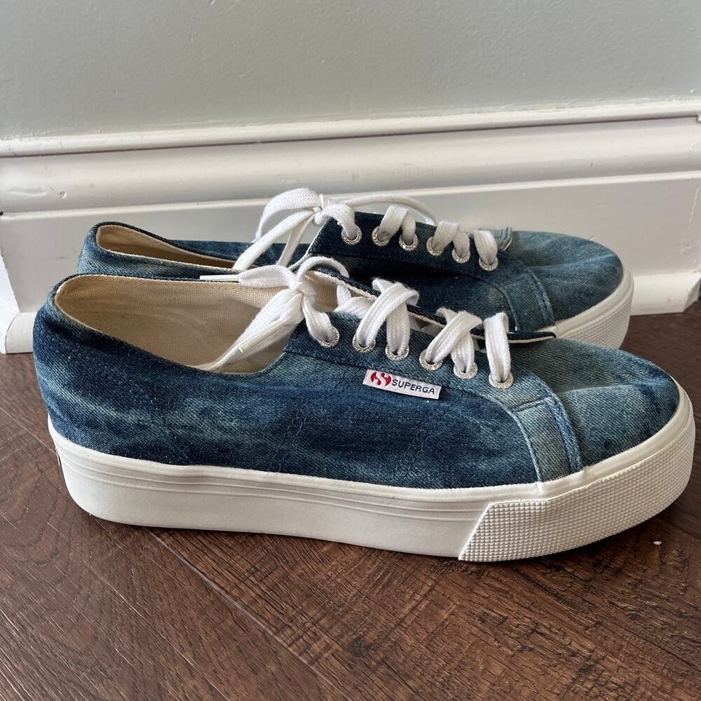 Superga 2630 Stripe Platform Velvet Blue White Size EU 41